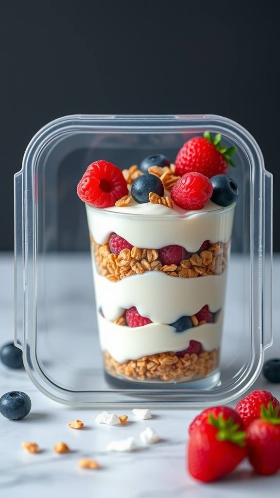 A Greek yogurt parfait with layers of yogurt, granola, and mixed berries in a clear container.