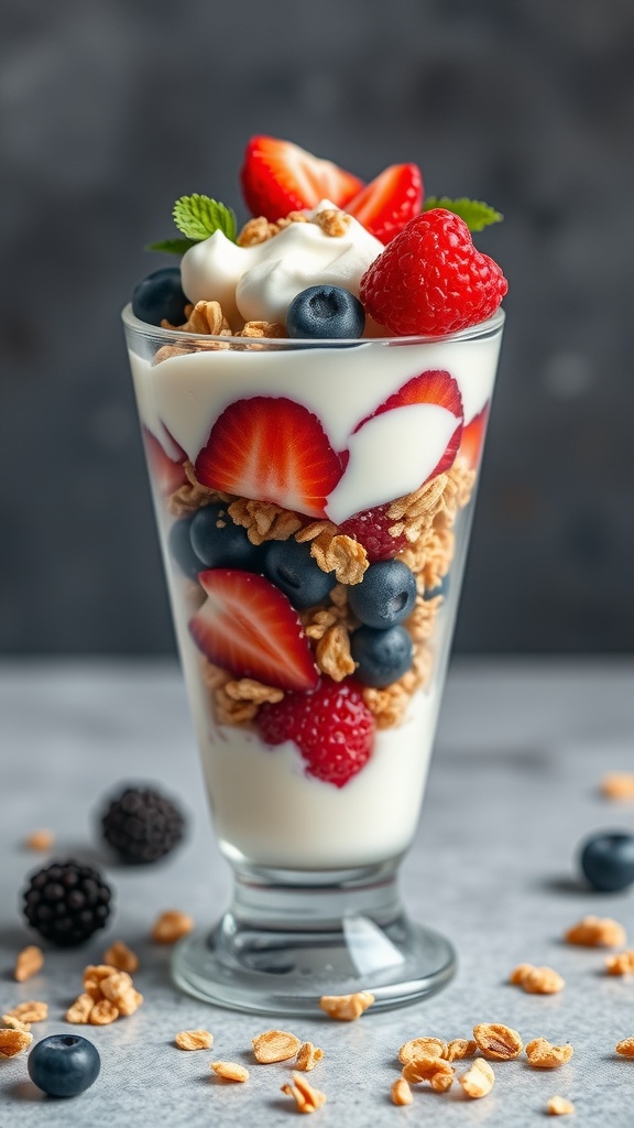 A delicious Greek yogurt parfait with layers of yogurt, granola, and mixed berries.