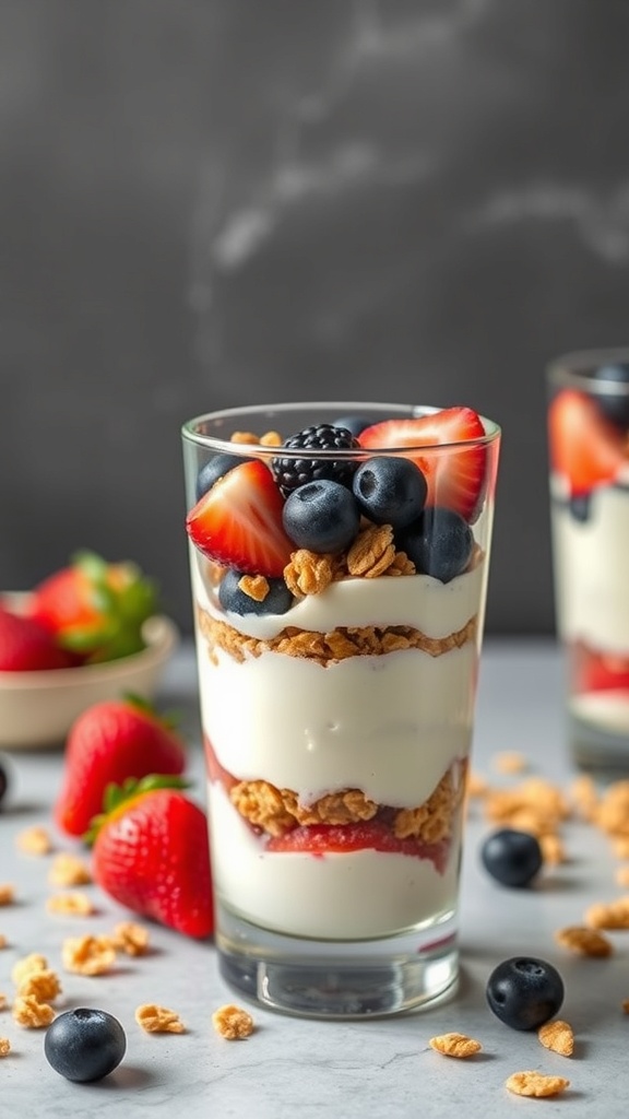A Greek yogurt parfait layered with strawberries, blueberries, and granola in a glass.