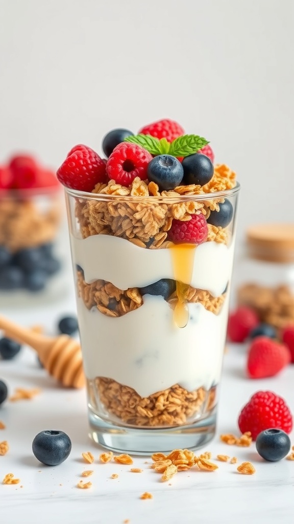 A delicious Greek yogurt parfait with layers of yogurt, granola, and mixed berries.