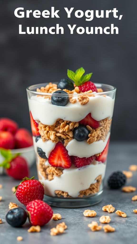 A delicious Greek yogurt parfait with layers of yogurt, granola, and mixed berries.