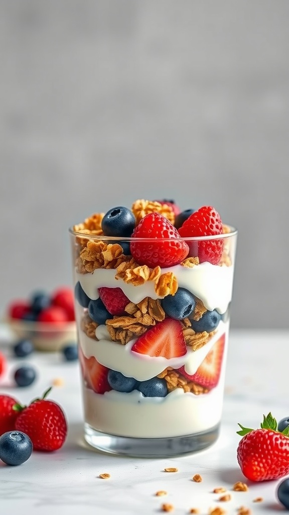 A delicious Greek yogurt parfait with layers of yogurt, granola, and mixed berries.