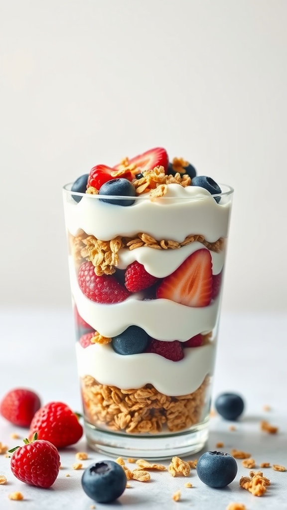 A delicious Greek yogurt parfait with layers of yogurt, granola, and mixed berries.