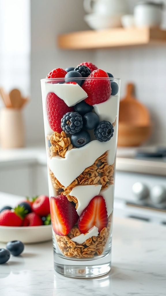 A delicious Greek yogurt parfait layered with granola and fresh berries.