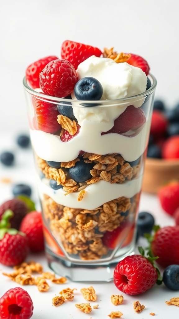 Greek yogurt parfait with layers of yogurt, granola, and mixed berries.