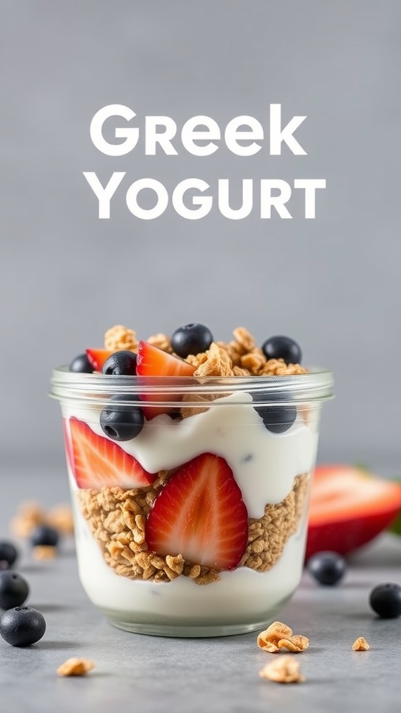 A Greek yogurt parfait in a jar with layers of yogurt, granola, and fresh berries.