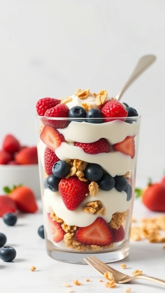 A jar filled with layers of Greek yogurt, granola, and mixed berries.