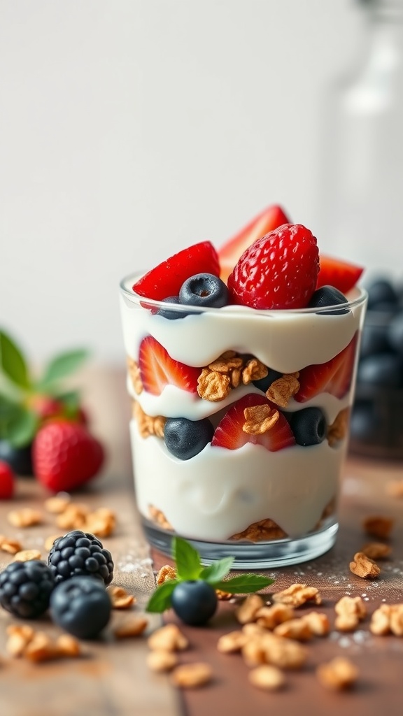 A layered Greek yogurt parfait with berries and granola.