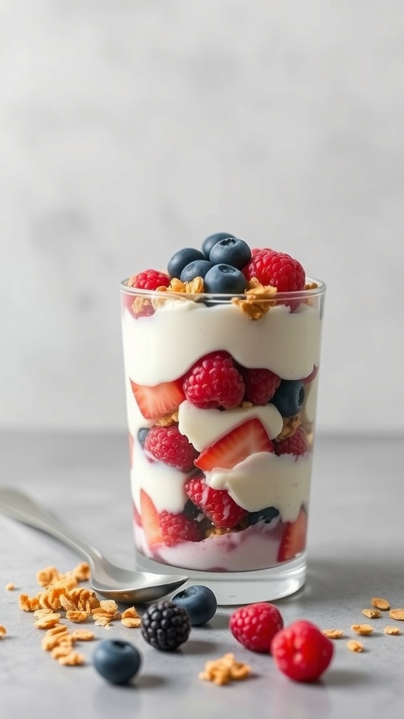 A delicious Greek yogurt parfait layered with fresh berries and granola.