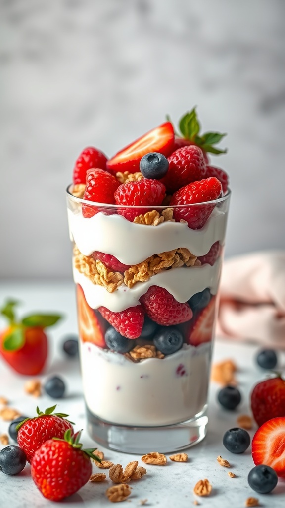 A delicious Greek yogurt parfait with layers of yogurt, berries, and granola in a glass, garnished with mint.