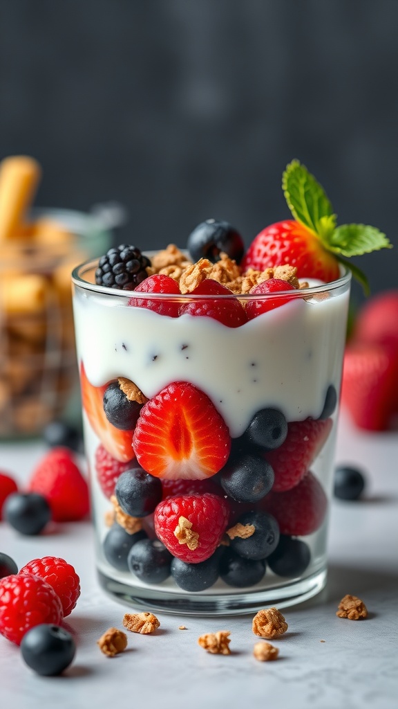 A delicious Greek yogurt parfait with layers of yogurt, mixed berries, and granola in a glass.