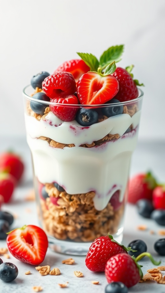 A delicious Greek yogurt parfait layered with granola and fresh berries