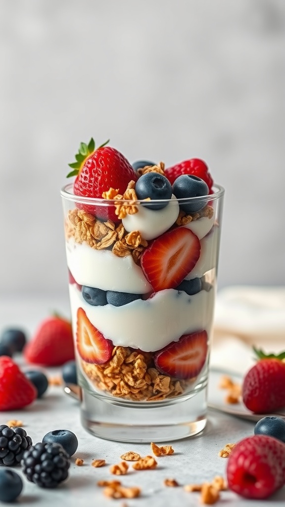 A delicious Greek yogurt parfait layered with berries and granola.