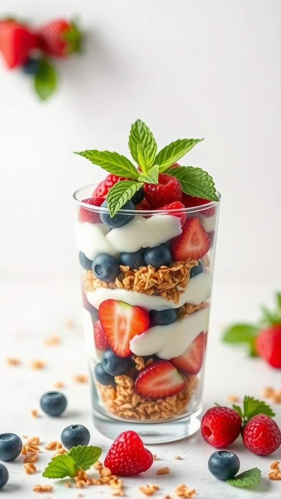A delicious Greek yogurt parfait with layers of berries and granola.