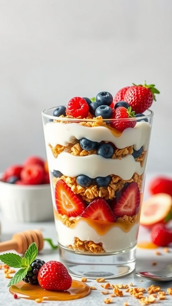 A delicious Greek yogurt parfait layered with berries and granola, topped with mint.