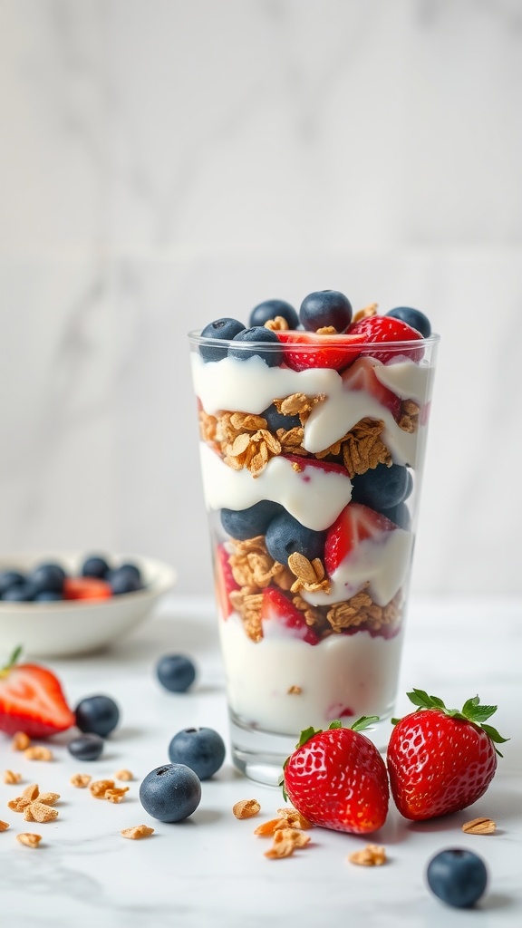 A delicious Greek yogurt parfait layered with berries and granola.