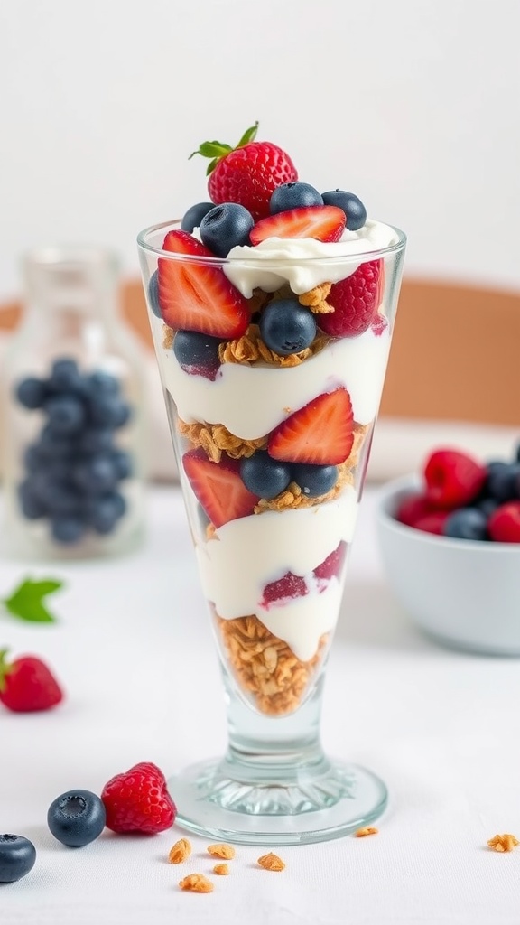 A delicious Greek yogurt parfait layered with fresh berries and granola in a glass.
