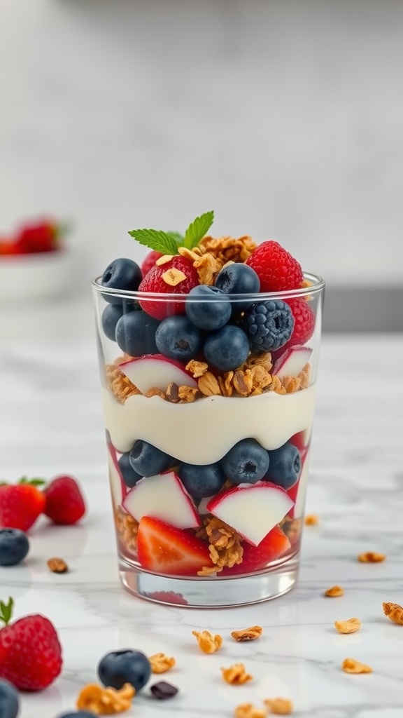 A delicious Greek yogurt parfait layered with berries and granola in a glass.