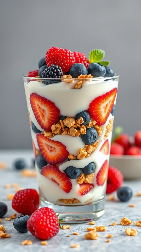 A delicious Greek Yogurt Parfait with layers of berries and granola in a glass.