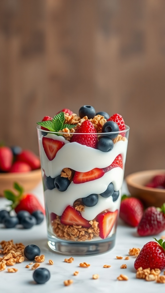 A healthy Greek yogurt parfait with layers of yogurt, mixed berries, and granola.