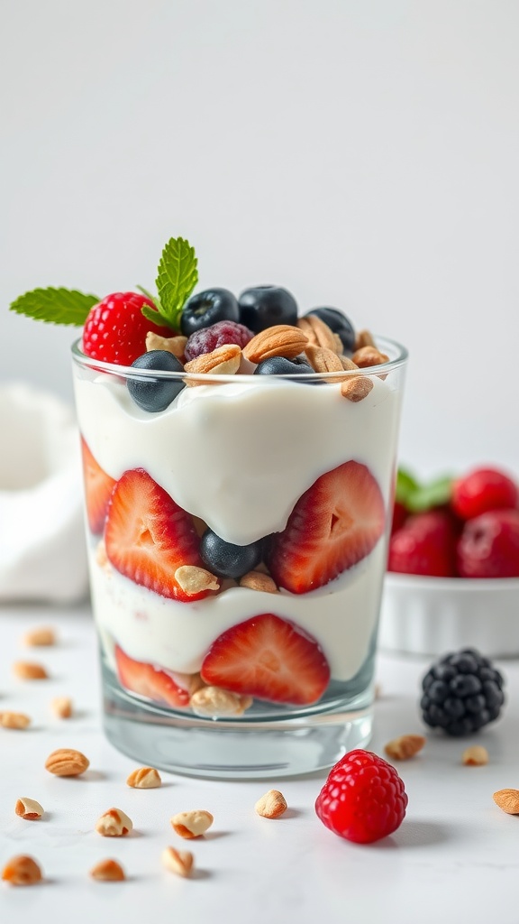 A delicious Greek yogurt parfait layered with berries and nuts.