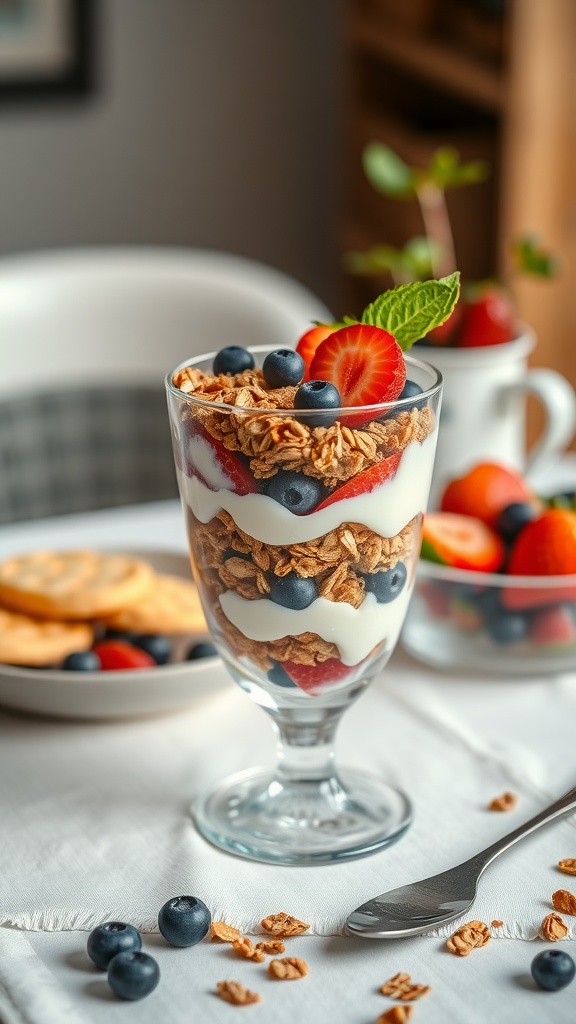 A delicious Greek yogurt parfait layered with granola and fresh fruits.