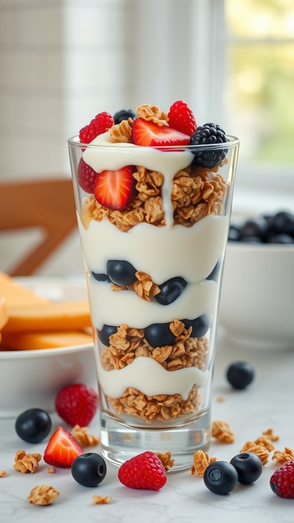 A Greek yogurt parfait layered with granola and mixed berries in a clear glass.