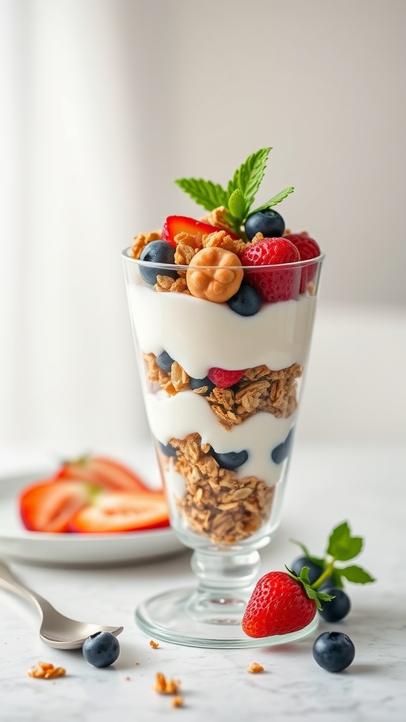 A Greek yogurt parfait with layers of yogurt, granola, and berries in a glass.