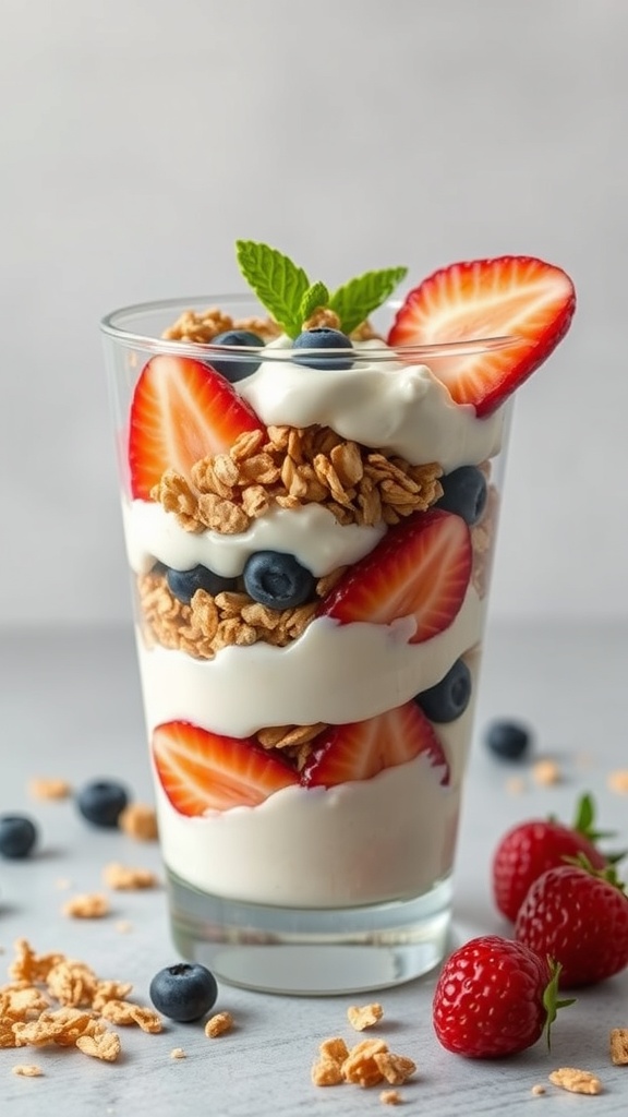 A delicious Greek yogurt parfait with layers of granola, strawberries, and blueberries, topped with a mint leaf.