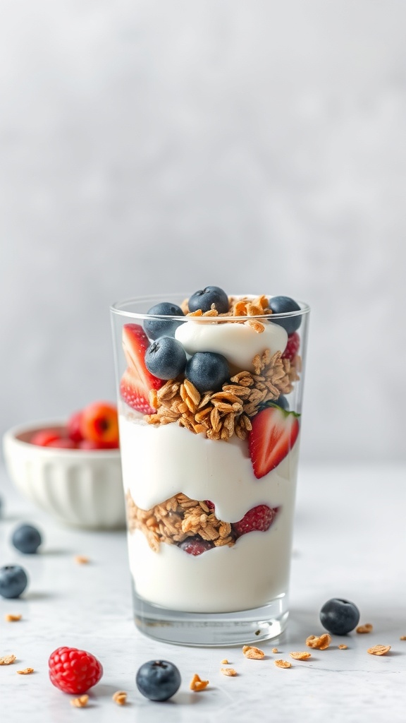 A Greek yogurt parfait with layers of yogurt, granola, and fresh berries in a glass.