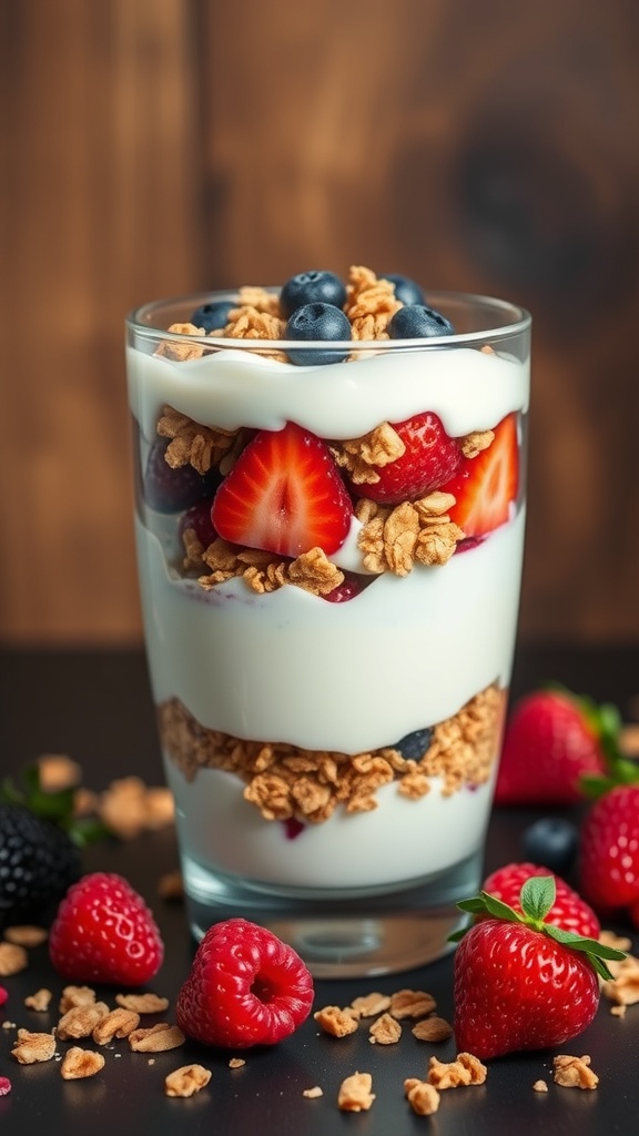 A delicious Greek yogurt parfait layered with granola and fresh berries.