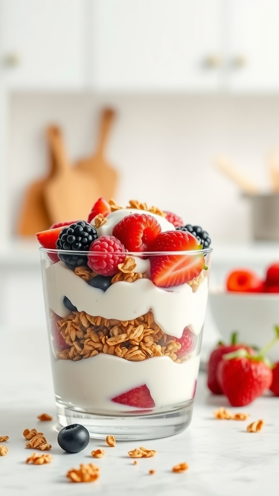 Greek yogurt parfait with granola and berries in a glass.