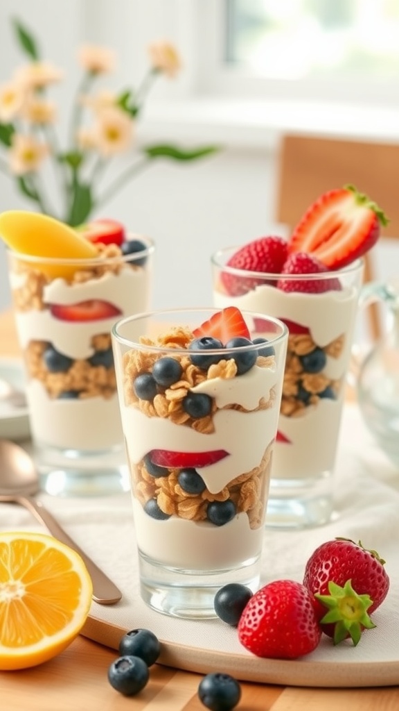 Delicious Greek yogurt parfaits with layers of yogurt, granola, and fresh fruits.