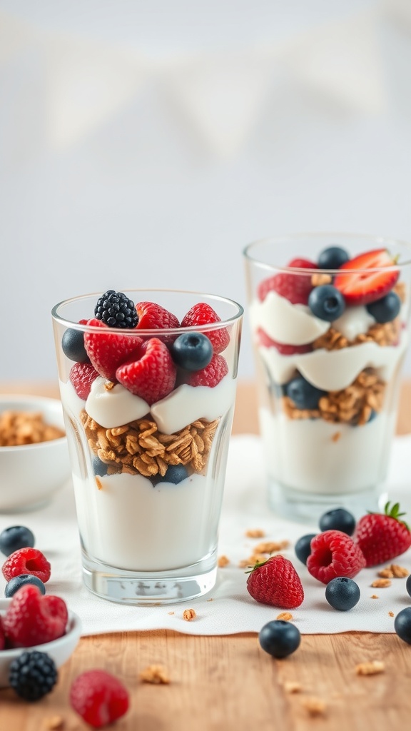 Greek yogurt parfaits with granola and mixed berries in clear glasses