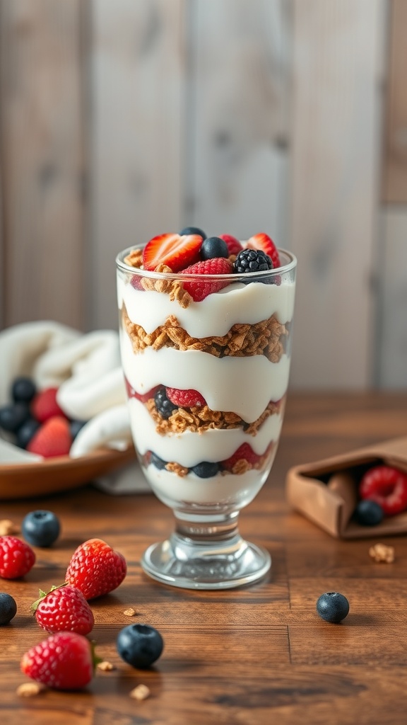 A delicious Greek yogurt parfait with layers of yogurt, granola, and mixed berries.