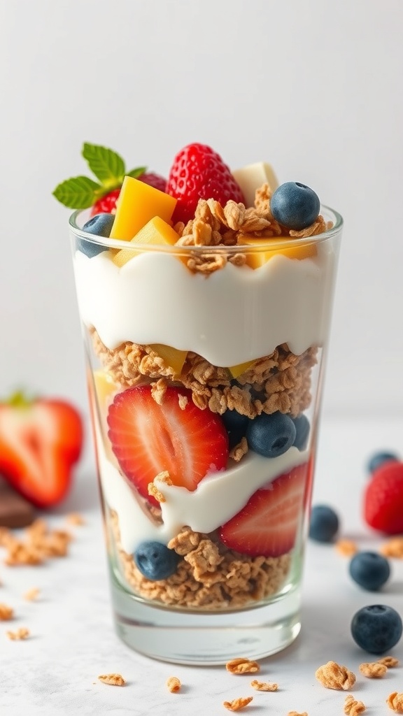 A delicious Greek yogurt parfait layered with fruits and granola in a glass.