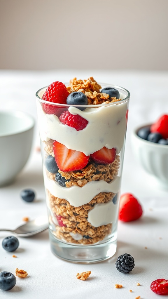 A delicious Greek yogurt parfait layered with granola and fresh berries.
