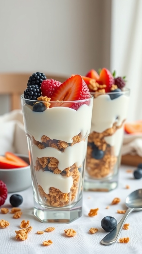 Greek yogurt parfaits with layers of yogurt, granola, and fresh berries