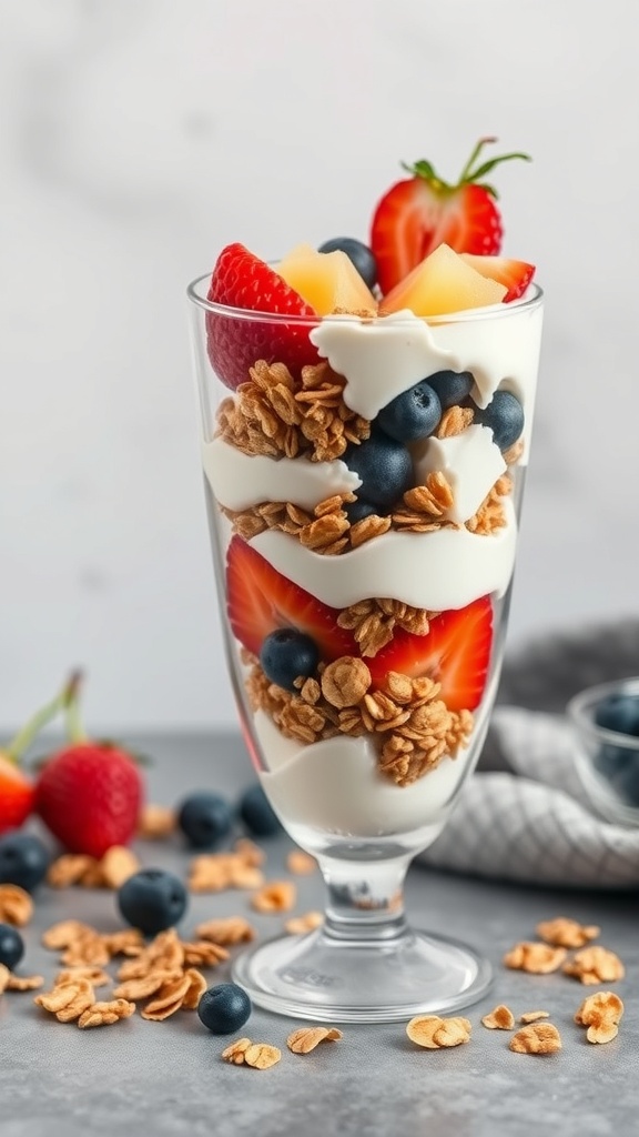 A delicious Greek yogurt parfait with layers of yogurt, granola, strawberries, and blueberries.