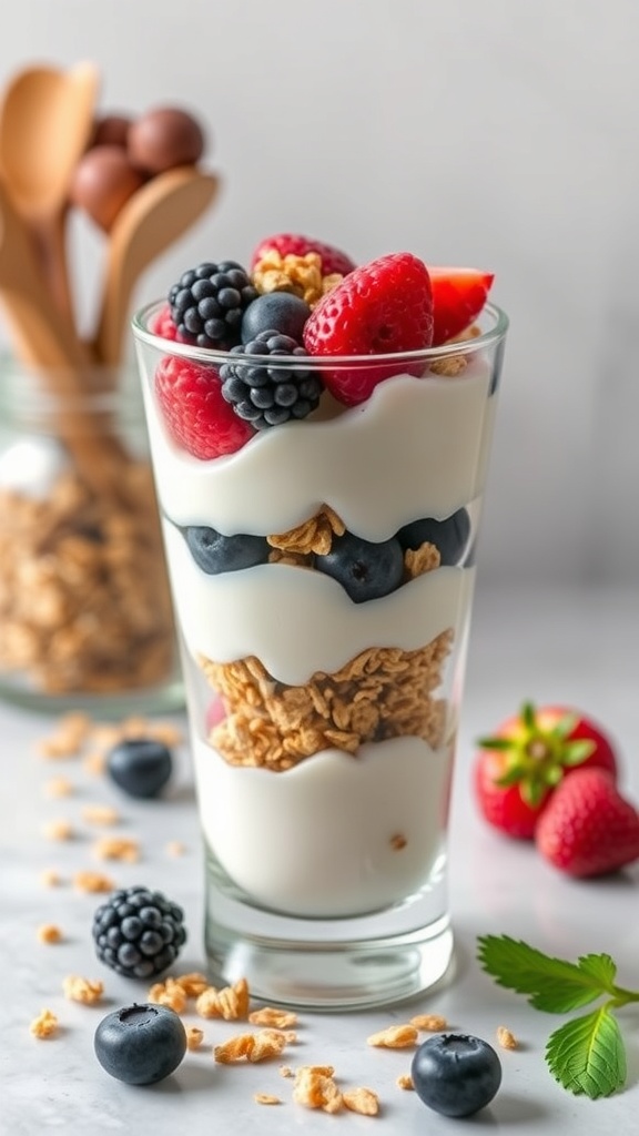 A delicious Greek yogurt parfait with layers of yogurt, granola, and fresh berries.