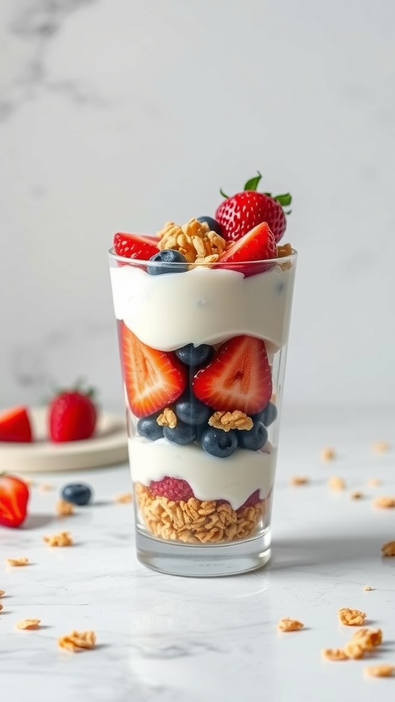 A glass of Greek yogurt parfait layered with strawberries, blueberries, and granola.