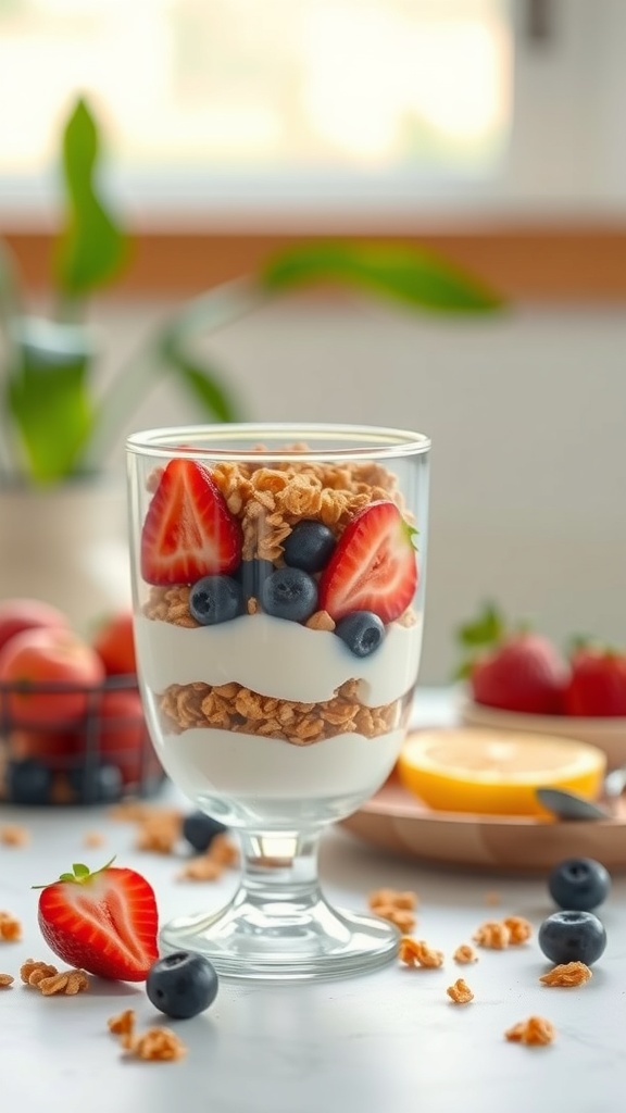 A glass of Greek yogurt parfait with granola, strawberries, and blueberries