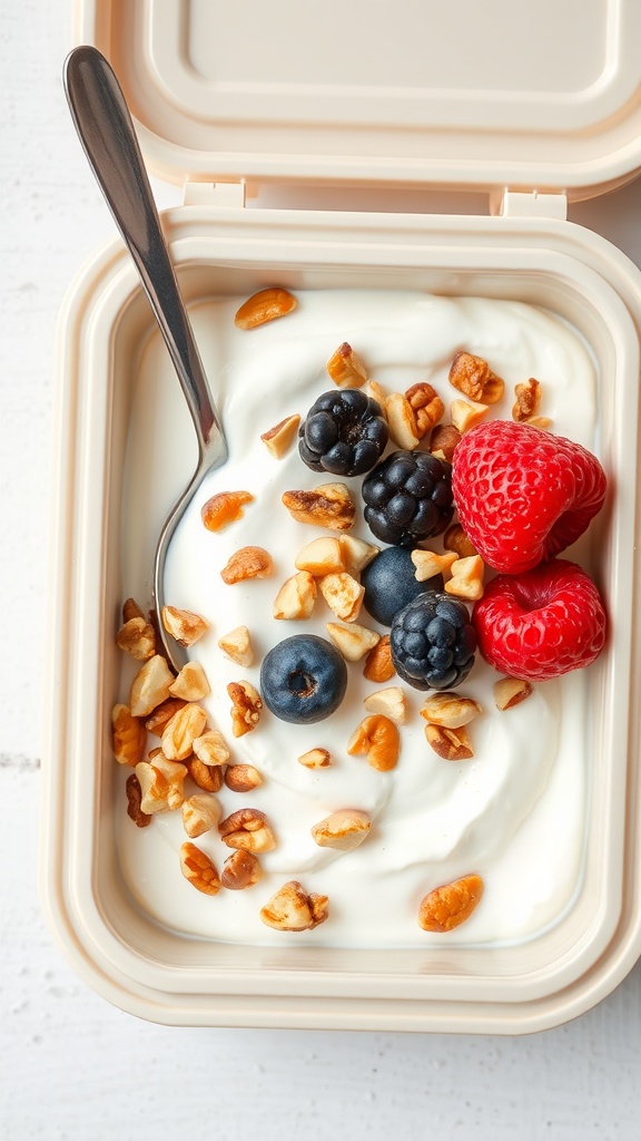 A lunchbox containing Greek yogurt topped with nuts and fresh berries.