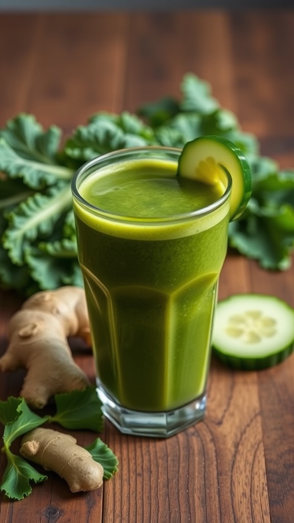 A green smoothie in a glass with fresh ingredients around it.