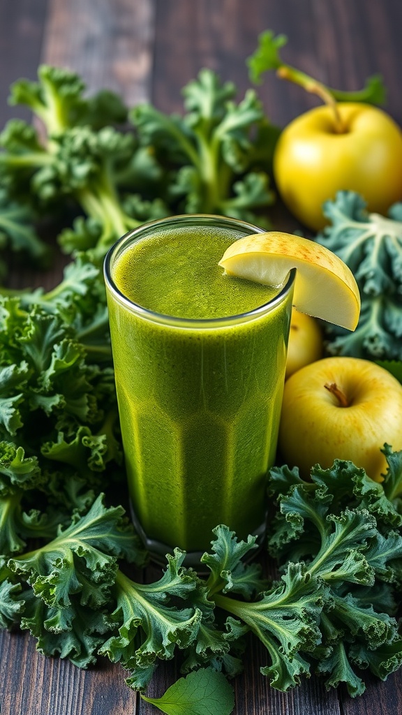 A vibrant green detox smoothie served in a glass with apple slices and kale around it.