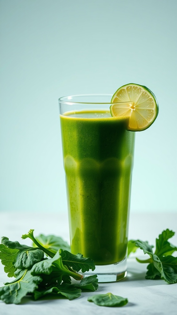 Refreshing green detox smoothie with lime garnish