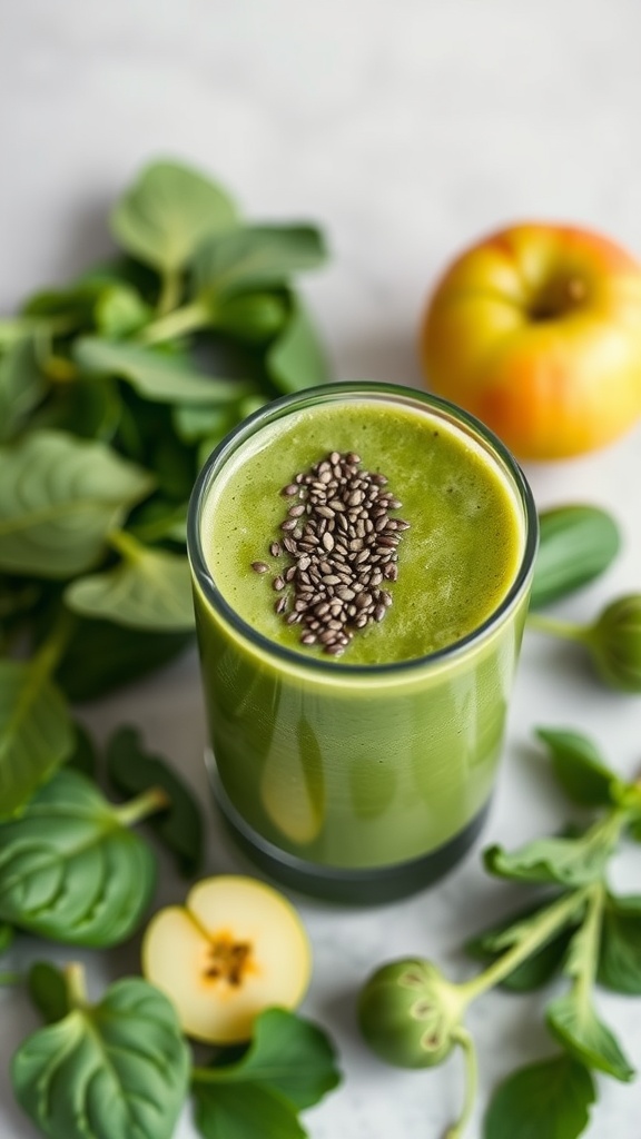A green detox smoothie in a glass topped with chia seeds, surrounded by fresh greens and an apple.