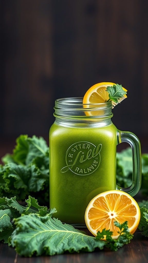 A refreshing green detox smoothie in a mason jar with kale and a slice of lemon.