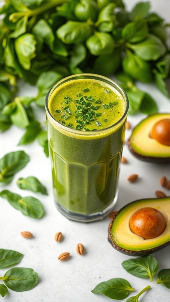 A green smoothie made with spinach and avocado in a glass, surrounded by fresh spinach leaves and avocado halves.