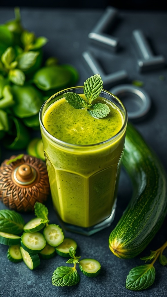 A refreshing green smoothie with cucumber and mint on a dark countertop with fresh ingredients.